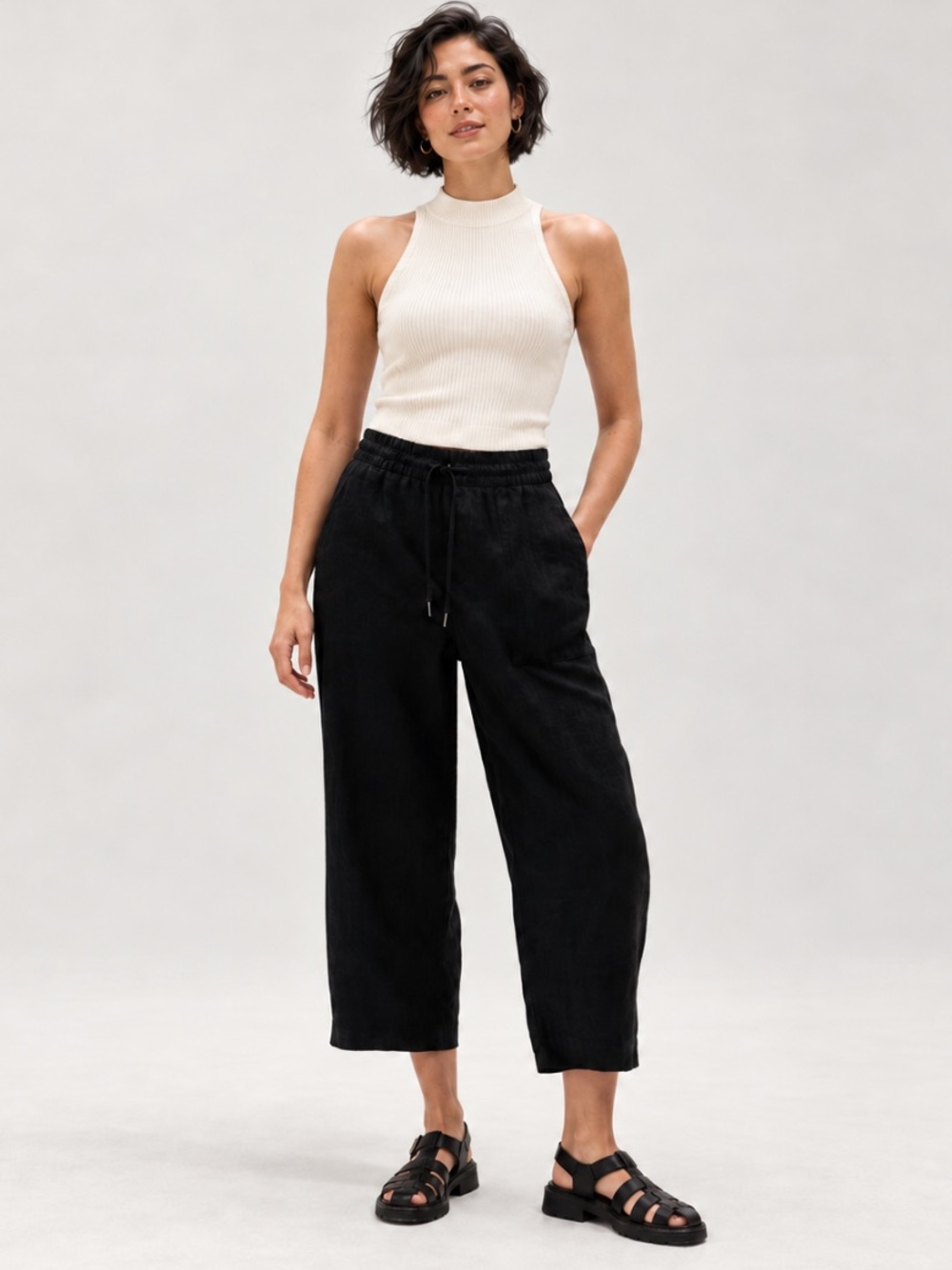 Athleta Retreat Linen Easy Barrel Crop Pull-On Pants Black Size Small